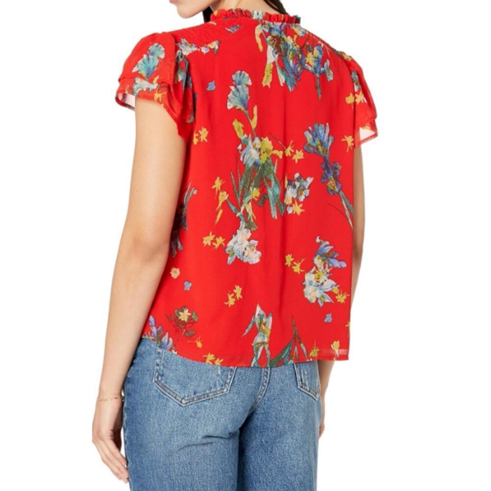 CeCe Women's Fiery Red Island Oasis Floral Tie Neck Blouse Top Size Large - Picture 2 of 7